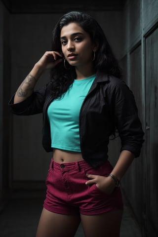 Cyberpunk, Neon glow, masterpiece, high resolution, best quality, 4k, plump face, 1girl, solo, beauty photo, amateur photo, 1girl, eye level, oversized button-up shirt, and hoop earrings, Teal-colored Flat ironed straight, stand pose in locker room,lighting,photorealistic,Curly girl ,redneonstyle,Rebecca ,Mallu girl ,Tamil girl