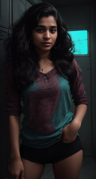 Cyberpunk, Neon glow, masterpiece, high resolution, best quality, 4k, plump face, 1girl, solo, beauty photo, amateur photo, 1girl, eye level, oversized button-up shirt, and hoop earrings, Teal-colored Flat ironed straight, stand pose in locker room,lighting,photorealistic,Curly girl ,redneonstyle,Rebecca ,Mallu girl ,Tamil girl