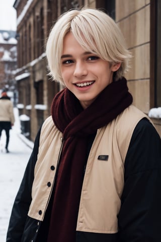 masterpiece, best quality, (1boy), hair over eyes, white hair, Attack on Titan clothes, winter season, evil smile, blush