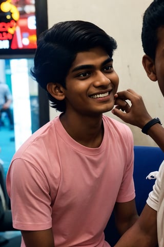 masterpiece, best quality, (1boy), hair over eyes, 16yo mallu, slim, cyberpunk hudy on , evil smile, blush