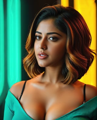 (full size:2) photography of (Anu Emmanuel:1.1), symmetrical face, in India crowd area, breast_to_breast, yellow dress, ((navel belly button:1)) ((big boobs:2)) neon photography style, clavege,   LED  colour light, teal and orange colour grading, female focus, one girl looking at viewer, , short hair,bob cut, solo, night time, outdoors, dark,depth_of_field,neon light, ,detailmaster2,make_3d