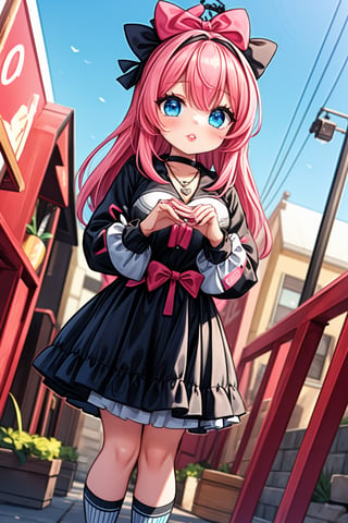 Captured from a low-angle perspective, a girl stands in front of a red fence. The girl is dressed in a black and pink outfit, adorned with a pink bow on her head. Her hair is a vibrant shade of pink, adding a pop of color to the scene. Her eyes are a piercing blue, and her lips are a darker shade of blue. Her hands are clasped in her hands. She is wearing a black necklace with a white pendant. Her socks are adorned with black laces that are tied in a bow at the bottom. The background is blurred, creating a vibrant contrast to the girl 