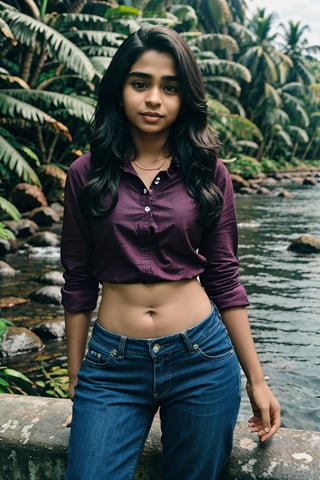 1girl, Kerala beautiful women 18 years old, solo, long hair, brown hair, shirt, t  shaped navel, outdoors, pants, sandals, denim, jeans,  photo background,Tamil girl