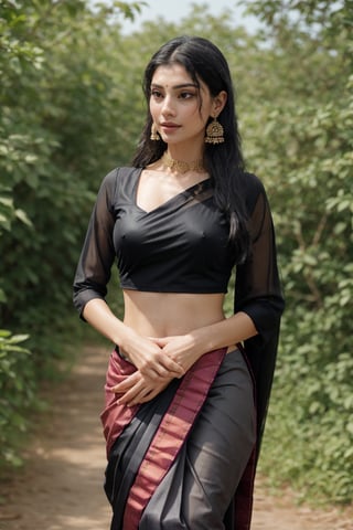 Saree, 1girl, solo, long hair, black hair, long sleeves, traditional , dress, jewelry, earrings, outdoors, blurry, looking to the side, purple dress, realistic,This breathtaking photograph, shot on a Canon 1DX with a 50 mm f/2.8 lens, beautifully showcases the raw and authentic beauty of life. high resolution 8k image quality,Saree