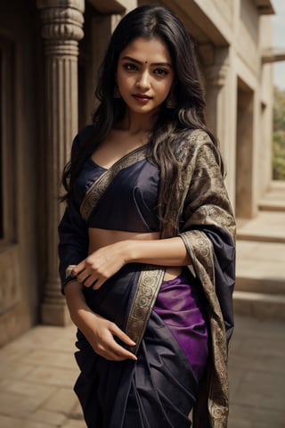 Saree, 1girl, solo, long hair, black hair, long sleeves, traditional , dress, jewelry, earrings, outdoors, blurry, looking to the side, purple dress, realistic,This breathtaking photograph, shot on a Canon 1DX with a 50 mm f/2.8 lens, beautifully showcases the raw and authentic beauty of life. high resolution 8k image quality,Saree,davincitech