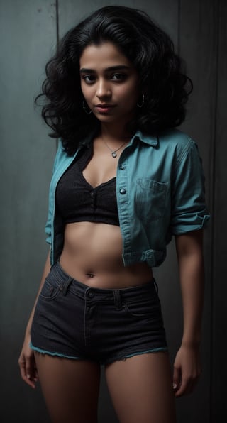 Cyberpunk, Neon glow, masterpiece, high resolution, best quality, 4k, plump face, 1girl, solo, beauty photo, amateur photo, 1girl, eye level, oversized button-up shirt, and hoop earrings, Teal-colored Flat ironed straight, stand pose in locker room,lighting,photorealistic,Curly girl ,redneonstyle,Rebecca ,Mallu girl ,Tamil girl