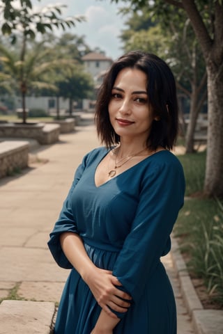 A tender moment of introspection: a 38-year-old woman with luscious black locks and a flowing blue dress stands amidst a blurred outdoor setting, thick body, her gaze locked onto the viewer. A delicate necklace adorns her neck as she dons a subtle smile. The camera's focus centers on her face, while the tree in the blurry background provides a sense of depth.