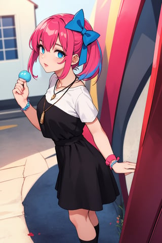 Captured from a low-angle perspective, a girl stands in front of a red fence. The girl is dressed in a black and pink outfit, adorned with a pink bow on her head. Her hair is a vibrant shade of pink, adding a pop of color to the scene. Her eyes are a piercing blue, and her lips are a darker shade of blue. Her hands are clasped in her hands. She is wearing a black necklace with a white pendant. Her socks are adorned with black laces that are tied in a bow at the bottom. The background is blurred, creating a vibrant contrast to the girl 