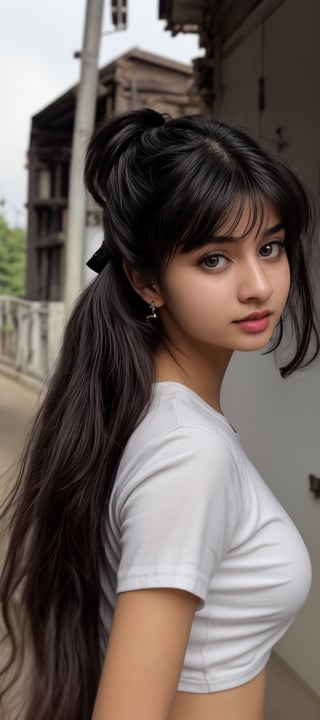 1girl, solo, long hair, black hair, twintails, jewelry, earrings, lips, realistic, beautiful mallu girl, 18 years old girl, outside, beautiful girl walking on the street , twintail hairstyle 
,Mallu