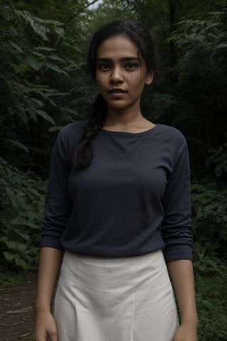 1girl, solo, long hair, looking at viewer, long gown, side_ponytail, black hair, jewelry, standing, outdoors, bracelet, tree, lips,  long designer blouse, nature, woods, long skirt, stairs, realistic, orange skirt, This breathtaking photograph, shot on a Canon 1DX with a 50 mm f/2.8 lens, beautifully showcases the raw and authentic beauty of life. high resolution 8k image quality,Mallu,1mallu girl