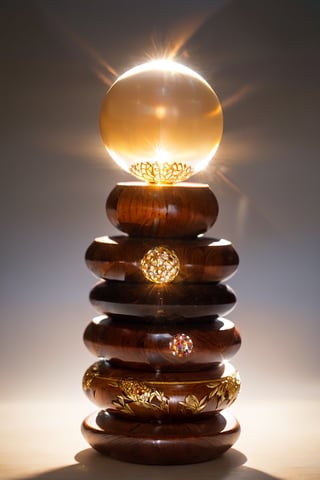 A multifaceted crystal orb, radiating a ethereal celestial glow, perched delicately on a stack of hand-carved mahogany blocks adorned with intricate patterns. The scene is enveloped in a mysterious mist, casting subtle shadows that add to the enchanting and mystical ambiance, evoking a sense of wonder and magic in a dimly lit room