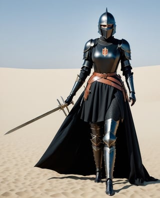 Female Crusader dressed as a black knight Clothes, with heavy belt with knife and sword, ,Movie Still