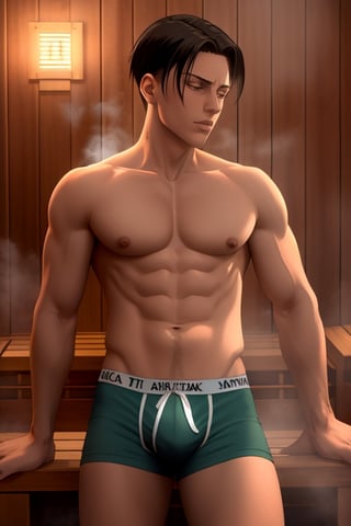 NSFW Handsome Levi Ackerman fucking in a sauna, nsfw, well structured dick with glans, 8k nsfw, nsfw, 8k dick, short man, Levi is from Attack On Titan, one Levi, intricate details, bare pecs, 8k, ultra detailed, slim body, high quality, high_resolution,Portrait, male underwear, underwear, pubis hair