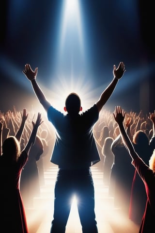 church praise and worship photo realistic dramatic lighting people with hands raised