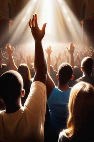 church praise and worship photo realistic dramatic lighting people with hands raised