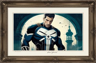 Masterpiece, western style, the Punisher Marvel, Tarot card, vectored alter in background, Celtic inspired, concept art by Luis Royo, James Jean style, 8k, high quality, sharp focus, individual approach, full body, high angle, highly detailed, extremely detailed, hyper realistic texture, fantasy, surreal, border frame, trending on artstation, sharp focus, studio photo, intricate details, highly detailed, by greg rutkowski