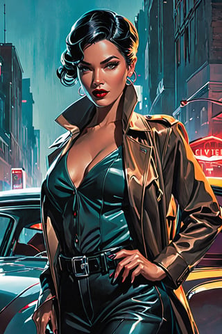 2020's  mistery cover, noir, suspense, Gouache, a female pinup detective , interactive image, highly detailed. Art style by Clayton Crain + Ross Tran + Rachel Walpole + Jeszika Le Vye + Dan Volbert + Simon Stalenhag + Brian Stelfreeze