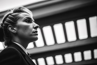 low angle shot in black and white of a scared woman with long blond hair, dressed in the 1950s style, chased by gangsters, Alfred Hitchcock style, film noir, highly detailed, masterpiece, bokeh,EpicSky,JoeMad Style