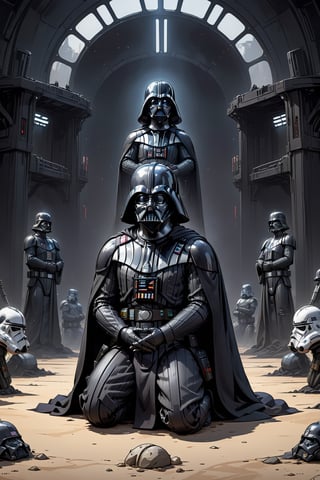 2D manga Masterpiece, Darth Vader kneels beside a cradle, praying