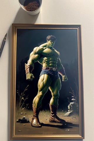 Masterpiece, western style, Hulk Marvel, Tarot card, vectored alter in background, Celtic inspired, concept art by Luis Royo, James Jean style, 8k, high quality, sharp focus, individual approach, full body, high angle, highly detailed, extremely detailed, hyper realistic texture, fantasy, surreal, border frame, trending on artstation, sharp focus, studio photo, intricate details, highly detailed, by greg rutkowski