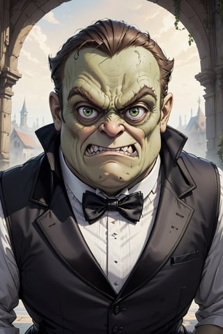 2D manga Masterpiece, realistic, 4k, front shot of Quasimodo in black tuxedo, bow tie