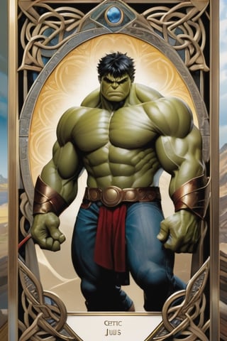 Masterpiece, western style, Hulk Marvel, Tarot card, vectored alter in background, Celtic inspired, concept art by Luis Royo, James Jean style, 8k, high quality, sharp focus, individual approach, full body, high angle, highly detailed, extremely detailed, hyper realistic texture, fantasy, surreal, border frame, trending on artstation, sharp focus, studio photo, intricate details, highly detailed, by greg rutkowski