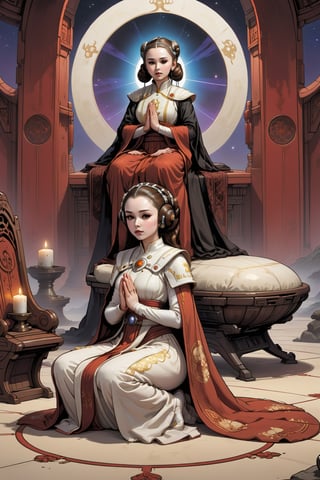 2D manga Masterpiece, Princess Amidala kneels beside a cradle, praying