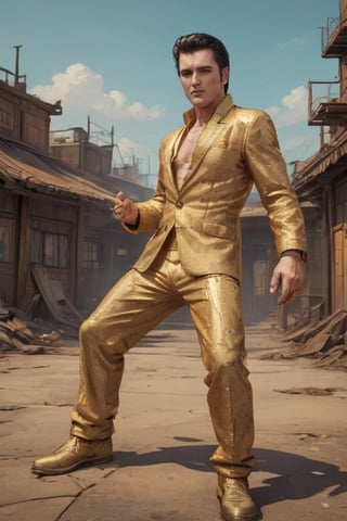 Masterpiece, western style, wide angle  shot of Elvis Presley wearing a golden suit, in kung-fu pose, 8k, high quality, full body, high angle, highly detailed, extremely detailed, hyper realistic texture, fantasy, border frame, studio photo, intricate details, highly detailed,Comic Book-Style 2d,2d