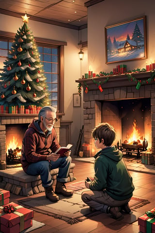 2D manga Masterpiece, realistic, 4k, a father and his son chating near a fireplace, Christmas tree, gifts)
