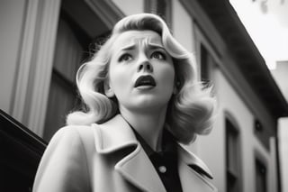 low angle shot in black and white of a scared woman with long blond hair, dressed in the 1950s style, chased by gangsters, Alfred Hitchcock style, film noir, highly detailed, masterpiece, bokeh,EpicSky,JoeMad Style