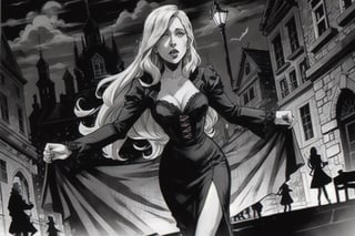 low angle shot in black and white of a scared woman with long blond hair, dressed in the 1950s style, chased by count dracula, vampire, Alfred Hitchcock style, film noir, highly detailed, masterpiece, bokeh