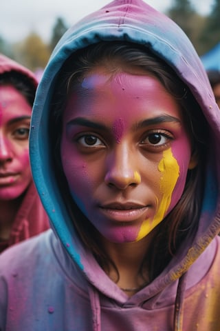 beautiful American college woman, wearing hoodie, looking at viewer, holi color festival, portrait, hyper detailed  POV, by lee jeffries, nikon d850, film stock photograph ,4 kodak portra 400 ,camera f1.6 lens ,rich colors ,hyper realistic ,lifelike texture, dramatic lighting , cinestill 800,