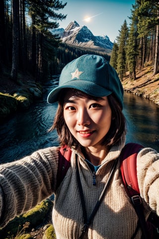 VeronicaCipher ((upper body selfie, happy)), masterpiece, best quality, ultra-detailed, solo, outdoors, (night), mountains, nature, (stars, moon) cheerful, happy, backpack, sleeping bag, camping stove, water bottle, mountain boots, gloves, sweater, hat, flashlight, forest, rocks, river, wood, smoke, shadows, contrast, clear sky, analog style (look at viewer:1.2) (skin texture) (film grain:1.3), (warm hue, warm tone) :1.2), close up, cinematic light, sidelighting, ultra high res, best shadow, RAW, upper body,  , wearing pullover
kodak vision 3,