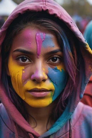 beautiful American college woman, wearing hoodie, looking at viewer, holi color festival, portrait, hyper detailed  POV, by lee jeffries, nikon d850, film stock photograph ,4 kodak portra 400 ,camera f1.6 lens ,rich colors ,hyper realistic ,lifelike texture, dramatic lighting , cinestill 800,