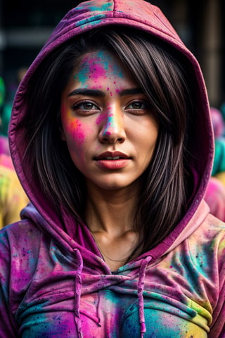 beautiful American college woman, wearing hoodie, looking at viewer, holi color festival, portrait, hyper detailed  POV, by lee jeffries, nikon d850, film stock photograph ,4 kodak portra 400 ,camera f1.6 lens ,rich colors ,hyper realistic ,lifelike texture, dramatic lighting , cinestill 800,