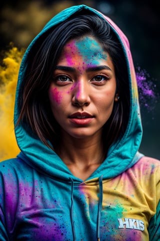 beautiful American college woman, wearing hoodie, looking at viewer, holi color festival, portrait, hyper detailed  POV, by lee jeffries, nikon d850, film stock photograph ,4 kodak portra 400 ,camera f1.6 lens ,rich colors ,hyper realistic ,lifelike texture, dramatic lighting , cinestill 800,