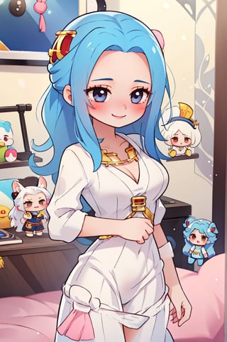 nefertari vivi,blue hair,1girl,beautiful,big breasts , perfect body, perfect face, total body,perfect anatomy,masterpiece, animegirl , sharp focus,blushing,small smile,casual outfit,sexy,3d animation