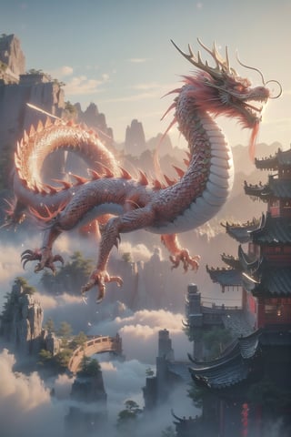 3d animation, an ancient chinese dragon, full body dragon flying, photo, stunning fantasy world background,ancient chinese dragon