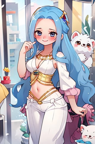 nefertari vivi,blue hair,1girl,beautiful,big breasts , perfect body, perfect face, total body,perfect anatomy,masterpiece, animegirl , sharp focus,blushing,small smile,casual outfit,sexy,3d animation