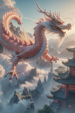 3d animation, an ancient chinese dragon, full body dragon flying, photo, stunning fantasy world background,ancient chinese dragon