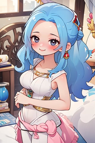 nefertari vivi,blue hair,1girl,beautiful,big breasts , perfect body, perfect face, total body,perfect anatomy,masterpiece, animegirl , sharp focus,blushing,small smile,casual outfit,sexy,3d animation