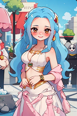 nefertari vivi,blue hair,1girl,beautiful,big breasts , perfect body, perfect face, total body,perfect anatomy,masterpiece, animegirl , sharp focus,blushing,small smile,casual outfit,sexy,3d animation