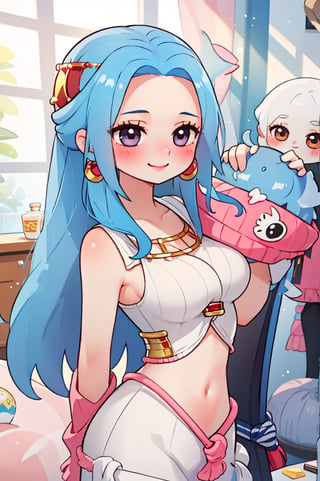 nefertari vivi,blue hair,1girl,beautiful,big breasts , perfect body, perfect face, total body,perfect anatomy,masterpiece, animegirl , sharp focus,blushing,small smile,casual outfit,sexy,3d animation