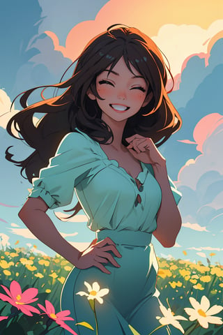 (best quality, masterpiece), 1girl, potrait, cloudy sky, extremely backlight, Wild flowers, contrapposto, alternate hairstyle, (pose), Flower on hand, (expression), Smile with close eyes, (Hair), Long hair, Black brown hair