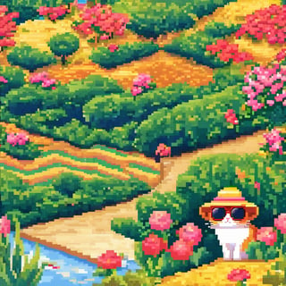 PIXEL ART,A CUTE CAT DESCENT AIRPLANE DESCENT, FLOWERS NECKLACE, FLOWERS HAT,ROUND SUNGLASS,BACKGROUND HAWAI ISLAND,funny picture, cute picture,(best quality:1.1), (masterpiece:1.2),beautiful detailed, (high detailed skin, skin details), (wide_landscape, 8k), beautiful face, detailed eyes, depth of field, best quality, highres,best illumination,Xxmix_Catecat,cat,pixel art,pixel