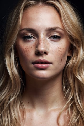 a portrait photo of a beautiful woman with curls and lots of freckles, (dirty blonde hair), (face portrait:1.5), dramatic light , Rembrandt lighting scheme, (hyperrealism:1.2), (photorealistic:1.2), shot with Canon EOS 5D Mark IV, detailed face, detailed hair,sph