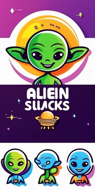 Create a minimalism continues line drawing logo, it has to include an smiling young alien, with a friendly look, with the text "Alien Snacks", cartoon style, vector style., typography