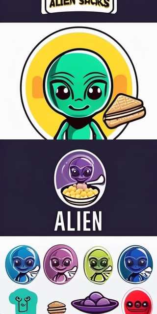 Create a minimalism continues line drawing logo, it has to include an smiling young alien, with a friendly look, with the text "Alien Snacks", cartoon style, vector style., typography