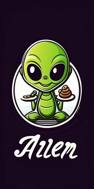 Create a minimalism continues line drawing logo, it has to include an smiling young alien, with a friendly look, with the text "Alien Snacks", cartoon style, vector style., typography