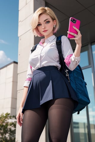 masterpiece, best quality, highres, blonde hair, cute, mature girl, small pink tips on hair, sidecut hair, side cut, wide hips, short hair, blue eyes, big eyes, big breasts, piercing, piercing eyebrows, small smile, cut hairs, pantyhose, navy skirt, navy shirt, backpack, holding phone, view from below